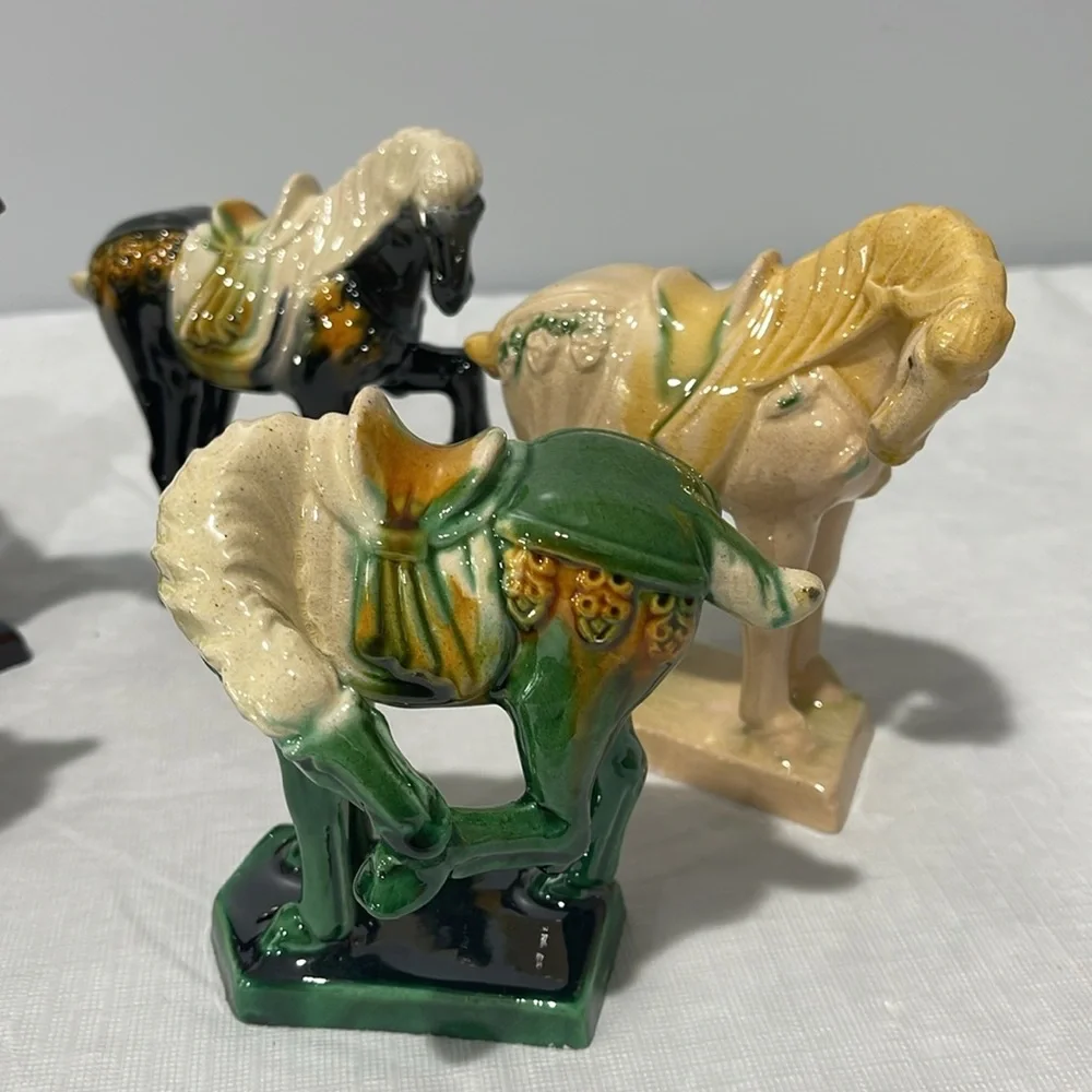 Vintage Chinese Tang Dynasty Majolica Sancai Drip Glaze War Horses set of 6 - Picture 3 of 16